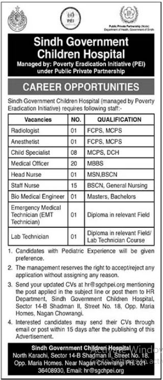 Sindh Government Children Hospital Medical Posts Karachi 2023