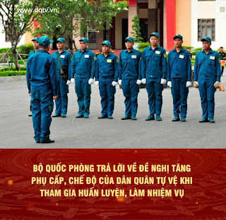 Bộ Quốc phòng trả lời về đề nghị tăng phụ cấp, chế độ của Dân quân tự vệ khi tham gia huấn luyện, làm nhiệm vụ