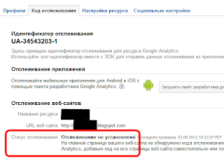 Статус отслеживания в Google Analytics: Отслеживание не установлено