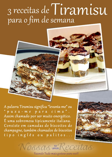 Receita fácil e original do tiramisu italiano para servir na taça, se preferir.  A palavra Tiramisu significa "levanta-me" ou "puxa-me para cima". Assim chamado por ser muito energético. É uma sobremesa tipicamente italiana. Consiste em camadas de biscoitos de champagne, também chamados de biscoitos tipo inglês ou palitos a la reine (ítem este que pode ser substituído por pão de ló) embebidas em café entremeadas por um creme à base de queijo mascarpone, creme de leite fresco, ovos, açúcar, vinho do tipo Marsala e polvilhadas com cacau em pó. Mas a receita original comporta muitas variações. (confeiteiros profissionais geralmente dão preferência ao uso do café solúvel, tipo Nescafé, por ele permitir maior precisão no controle da receita)