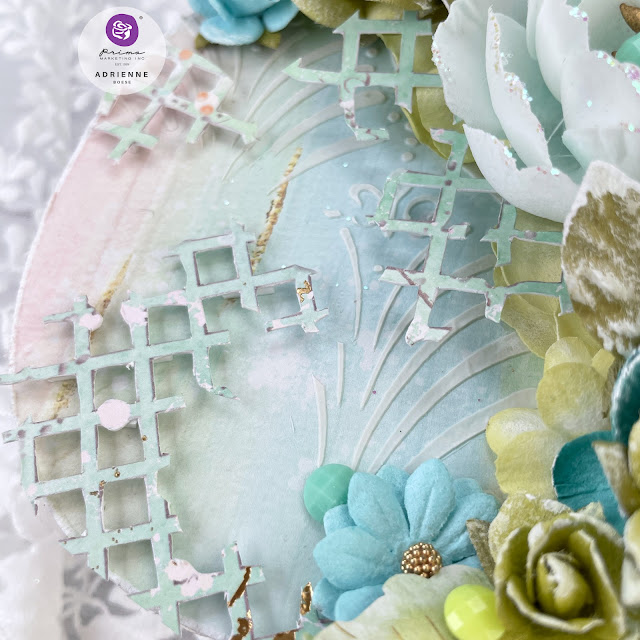 Pastel Pineapple created with: Pima postcards from paradise collection paper, chipboard stickers, ephemera, say it in crystals, harmony, soft breeze, aloha, april showers, pastel clouds flowers; Finnabair modeling paste, art deco wall stencil