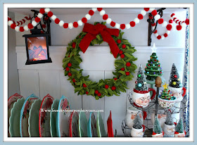 Christmas- Farmhouse -Cottage -Breakfast- Nook-Felt Wreath-Pom Pom Garland-- From My Front Porch To Yours