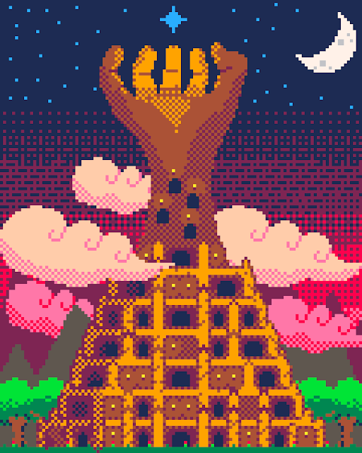 Pixel Art de una Torre al estilo de la Torrre de babel, con niveles cuyo diametro disminuye conforme se llega a la cima, donde se encuentra lo que parece ser una mano de piedra en la frontera entre el espacio y el cielo, con la palma abierta como queriendo tomar una estrella, pero siendo incapaz de hacerlo.