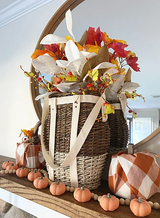 mantel with basket and fall foliage