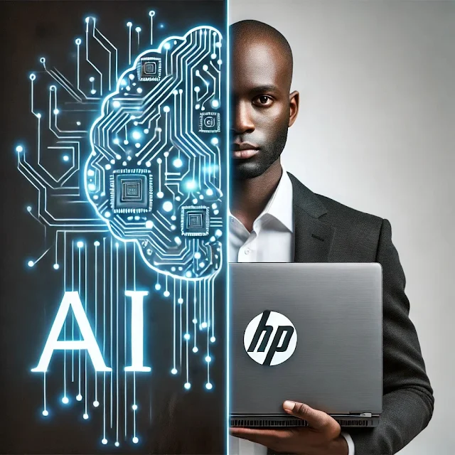 A visually striking split-design illustration. On the left side, a futuristic AI brain with glowing circuits, symbolizing AI-driven SEO. On the right is a 32 years old black american facing a HP laptop on his hand