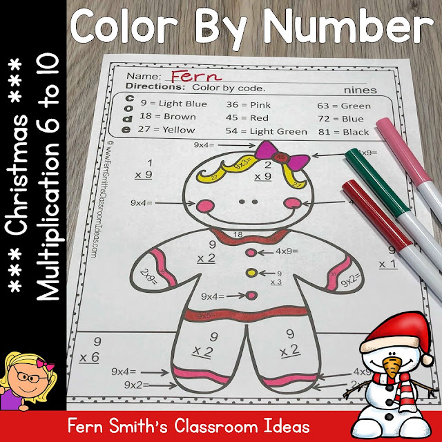 Christmas Color By Number for Multiplication Facts Six to Ten