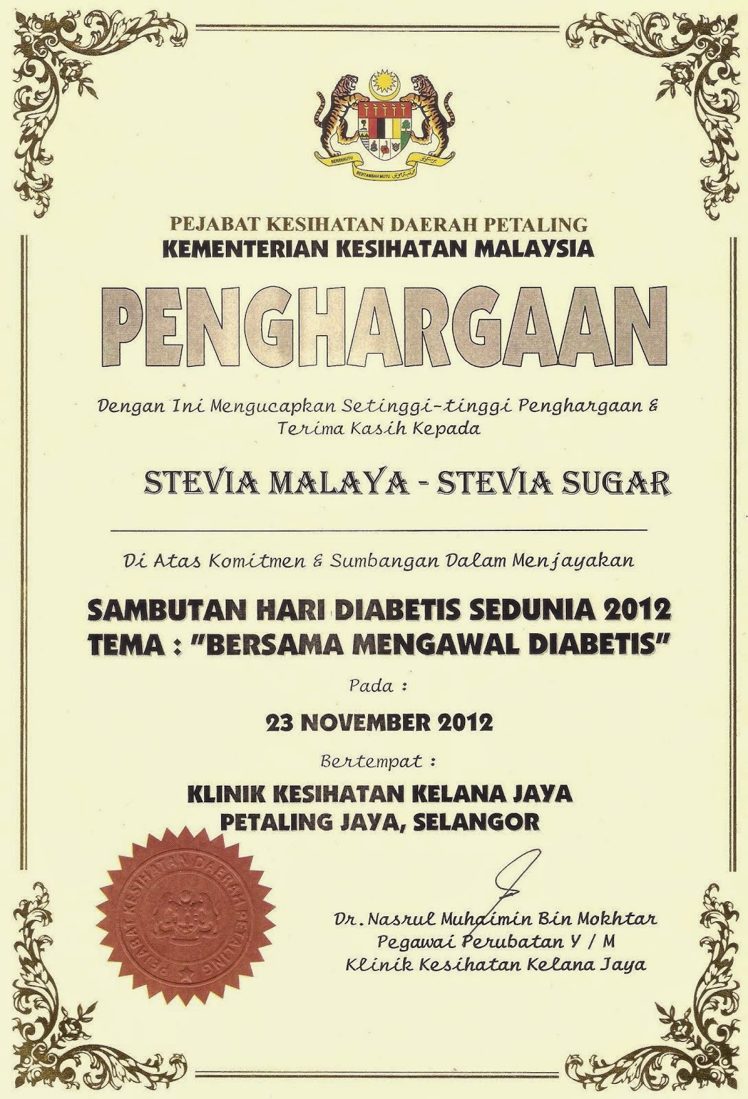 STEVIA REBAUDIANA: PENGHARGAAN PENCERAMAH PROGRAM KLINIK ...