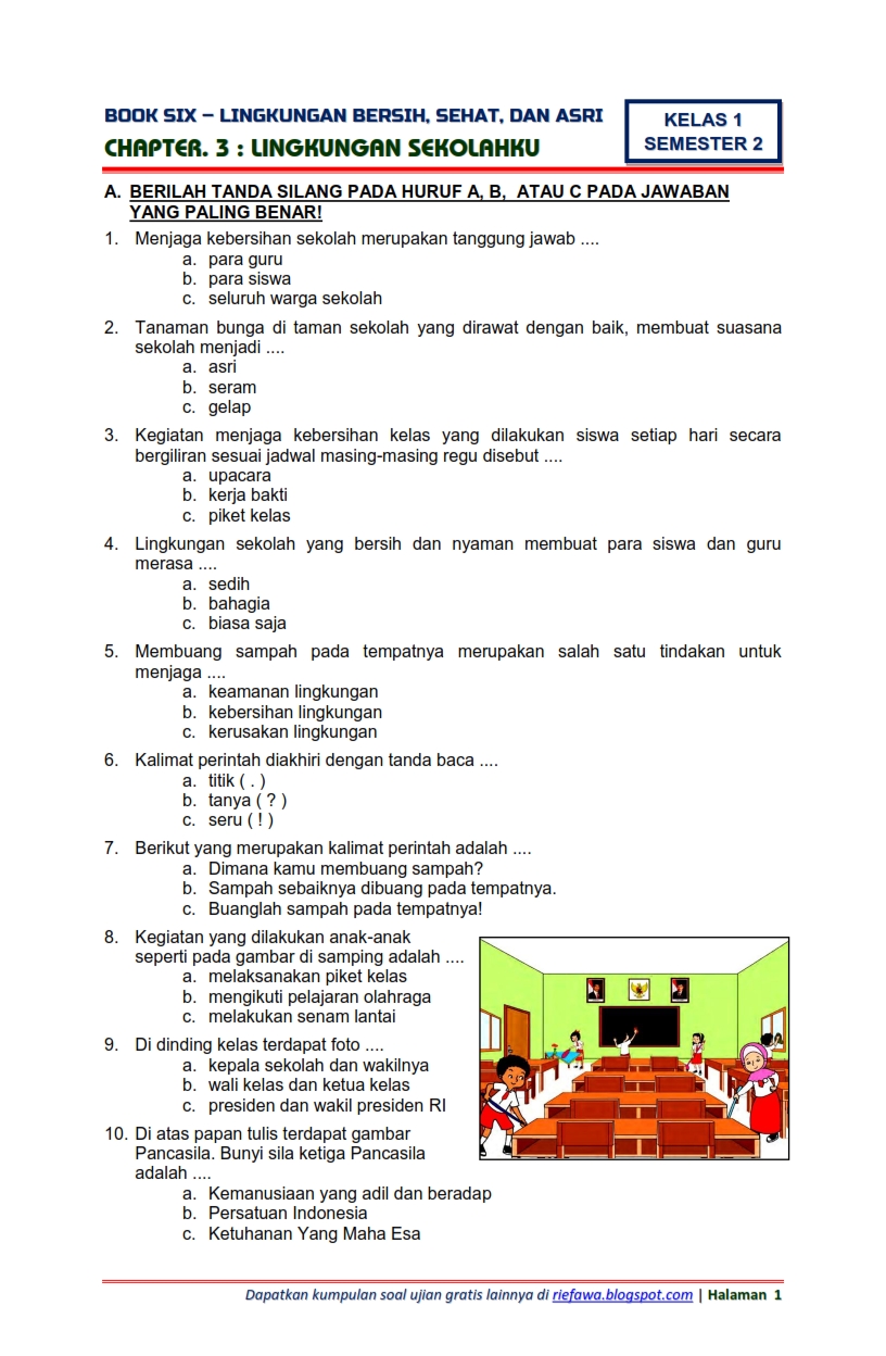 Download Soal Tematik Kelas 1 Semester 2 Tema 6 Subtema 3 Lingkungan