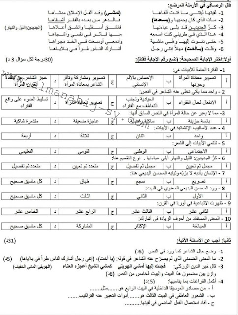 نموذج امتحان في اللغة العربية للصف العاشر الفصل الثاني 2022-2023 اعداد المدرسة ريم حداد
