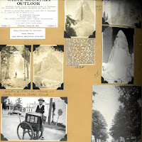 A page from the Taylor scrapbook showing photographs of an organ grinder and an ice geyser from a broken water main.