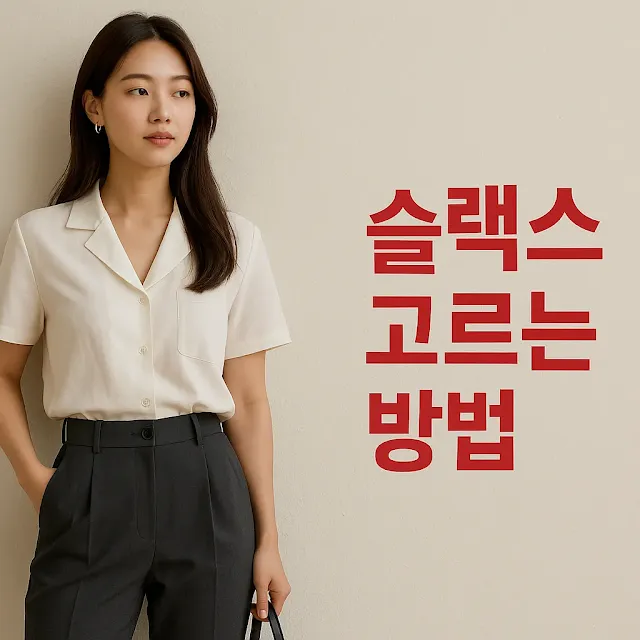 슬랙스 고르는 방법을 설명하는 콘텐츠에 어울리는 20대 한국 여성, 반팔 셔츠와 그레이 슬랙스를 매치한 심플한 오피스룩, 아이보리색 배경 벽 앞에서 포즈