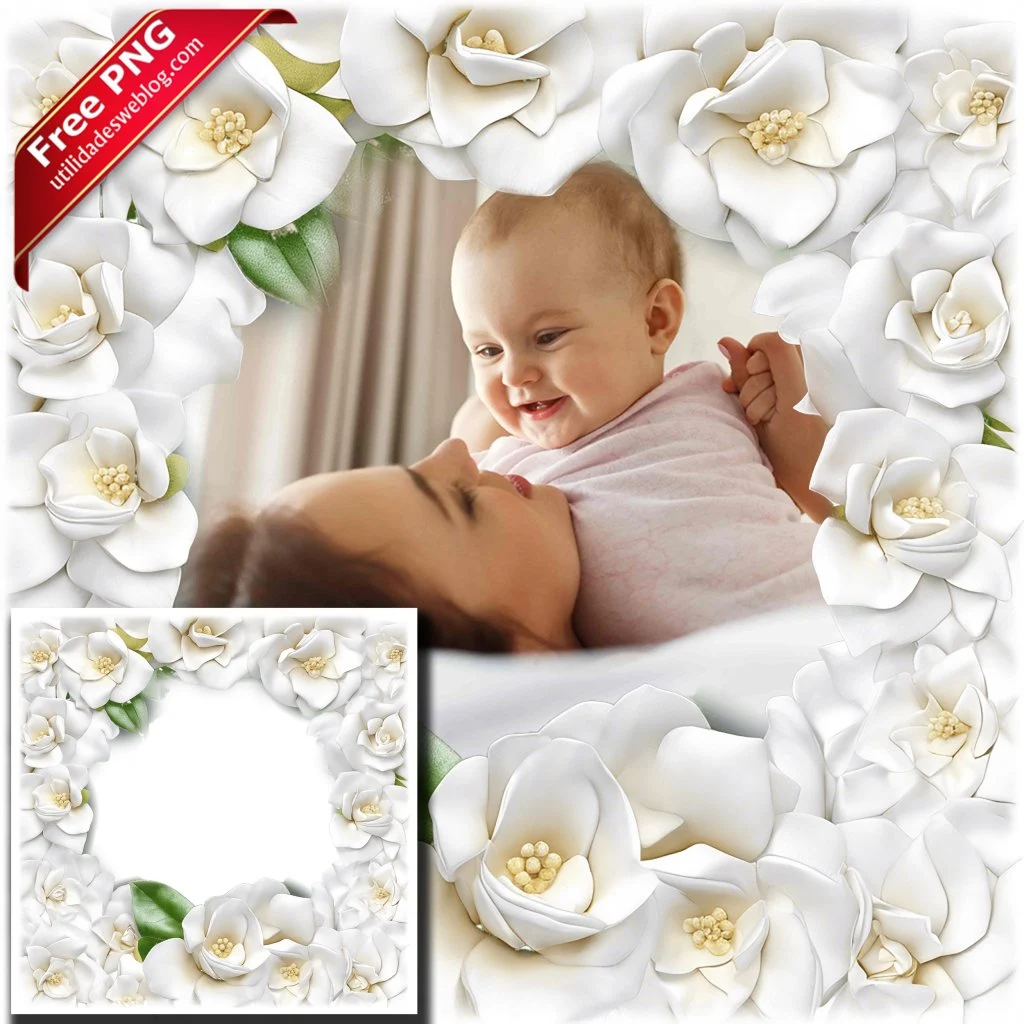 marco para fotos con flores de gardenia blancas en png con fondo transparente para descargar gratis