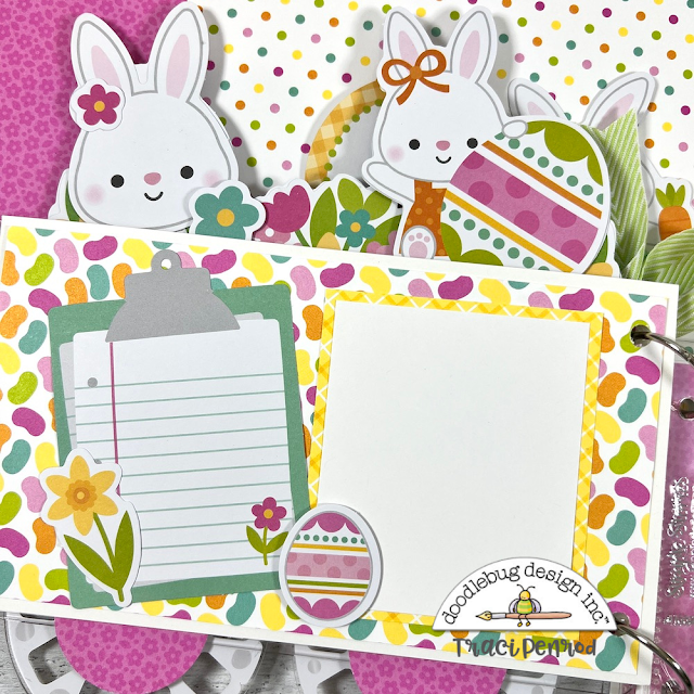 Easter & spring scrapbook album page with bunny rabbits, flowers, eggs, and colorful jelly beans