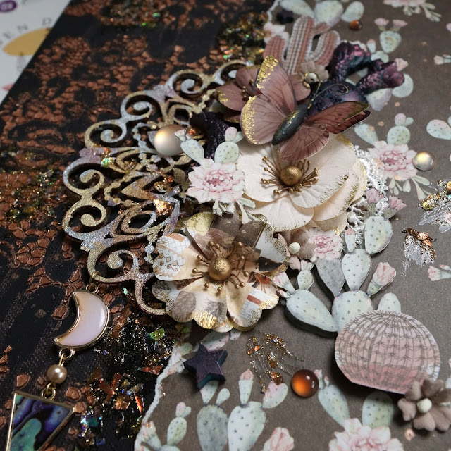 Mixed Media Canvas made with: Prima Marketing Golden Desert paper, flowers, mould and metal charms; Prima chipboard; Finnabair metallic flakes and golden dragon effect paste