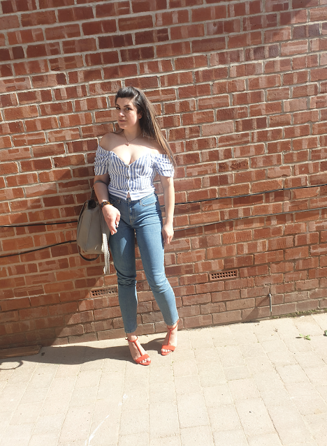 Topshop Orson Mom jeans, All Saints Kita bag, perspex heel sandals, bardot top