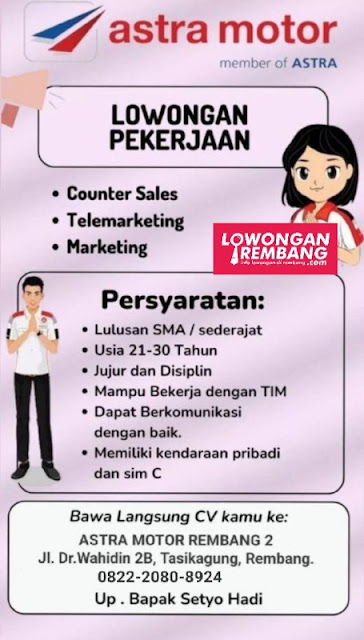 3 Lowongan Kerja Pegawai Counter Sales Telemarketing dan Marketing PT Astra Honda Motor Indonesia Rembang