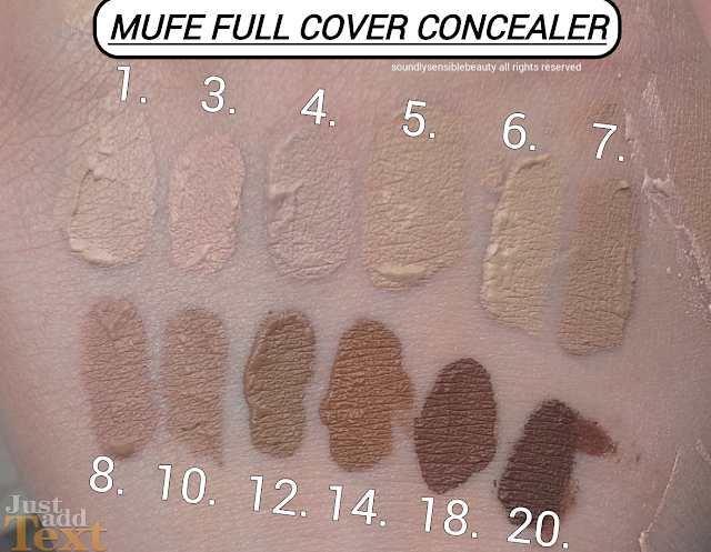 Makeup Forever (M.U.F.E) Full Cover Concealer; Review & Swatches of Shades 1. Pink Porcelain, 3. Light Beige, 4. Flesh, 5. Vanilla, 6. Ivory, 7. Sand,  8. Beige, 10. Golden Beige, 12. Dark Beige, 14. Fawn, 18. Chocolate, 20. Ebony