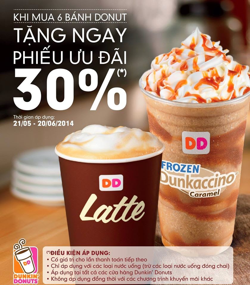 Khi mua 6 bánh donut bất kỳ tại Dunkin' Donuts tặng ngay phiếu giảm giá 30%