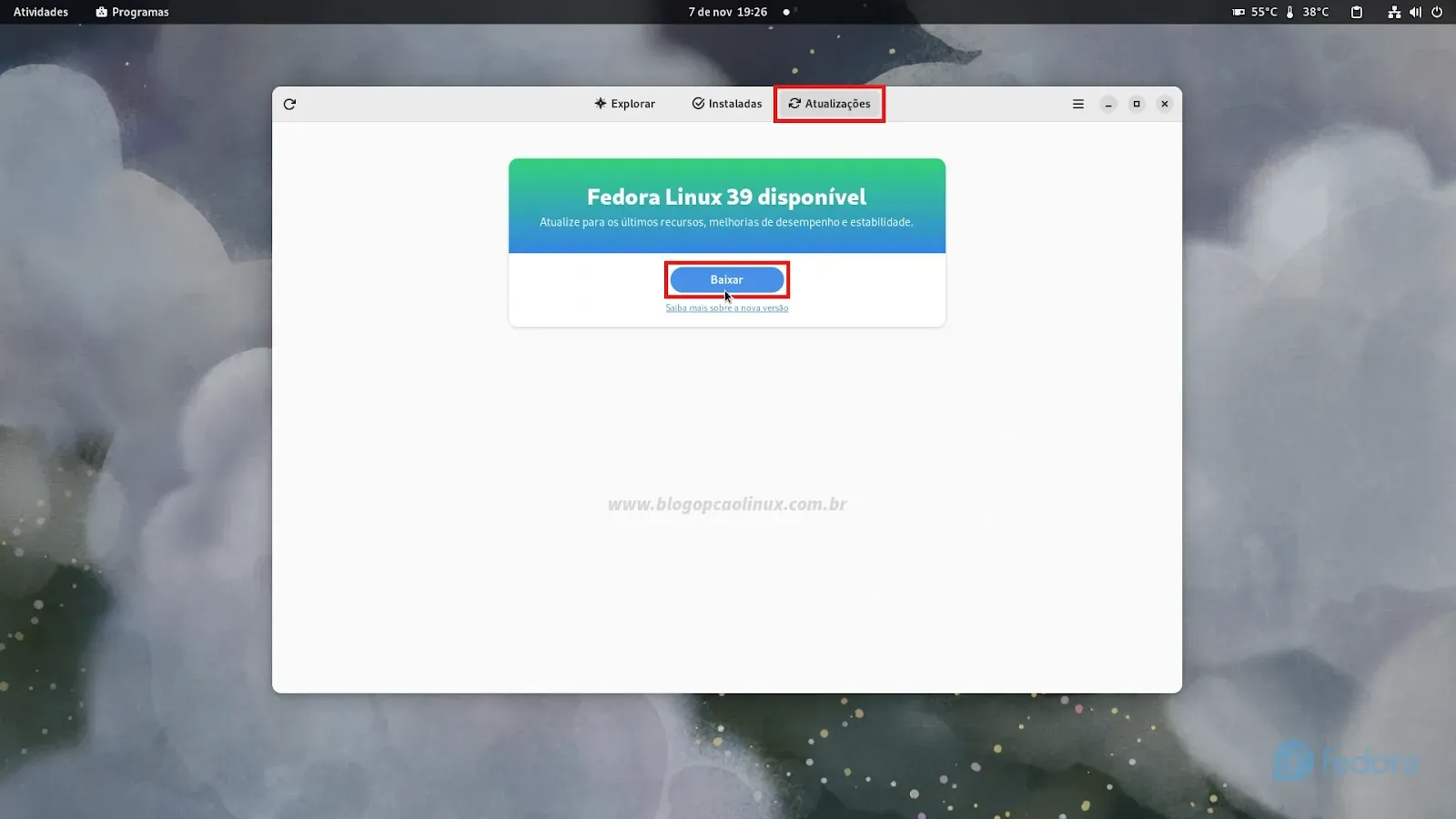 Clique no botão 'Baixar' para iniciar o download da nova versão do Fedora