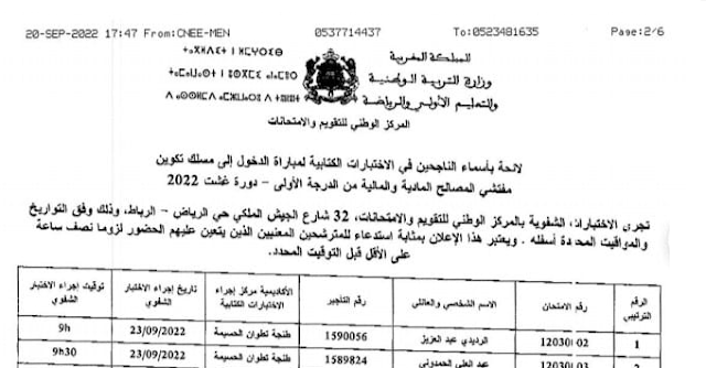 ​أسماء الناجحين في الاختبارات الكتابية لمباراة الدخول إلى مركز تكوين مفتشي التعليم - دورة غشت 2022