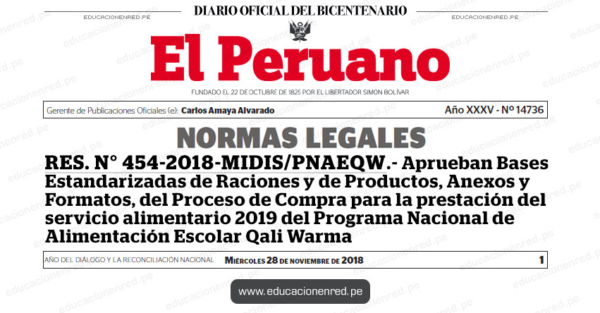 RES. N° 454-2018-MIDIS/PNAEQW - Aprueban Bases Estandarizadas de Raciones y de Productos, Anexos y Formatos, del Proceso de Compra para la prestación del servicio alimentario 2019 del Programa Nacional de Alimentación Escolar Qali Warma - PNAEQW - MIDIS - www.midis.gob.pe