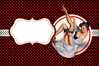 Para hacer invitaciones, tarjetas, marcos de fotos o etiquetas, para imprimir gratis de Pin Up en Negro con Lunares Rojos. 