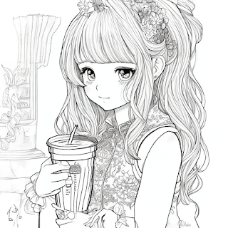 girl drinks ice coffee coloring page