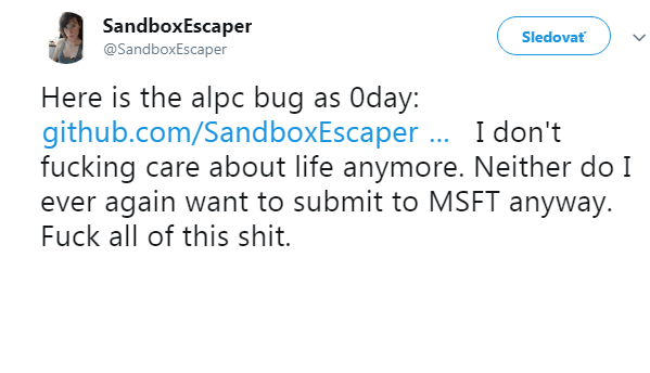 sandboxescaper tweet for windows zero day exploit