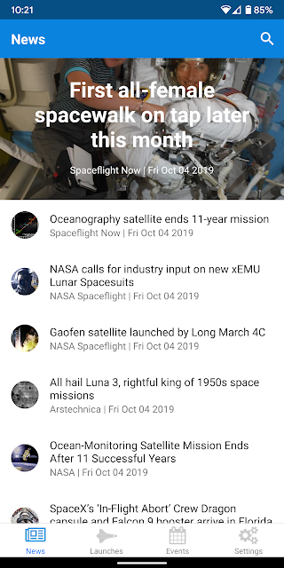 Main screen of the Spaceflight News app on a Pixel 2 XL phone