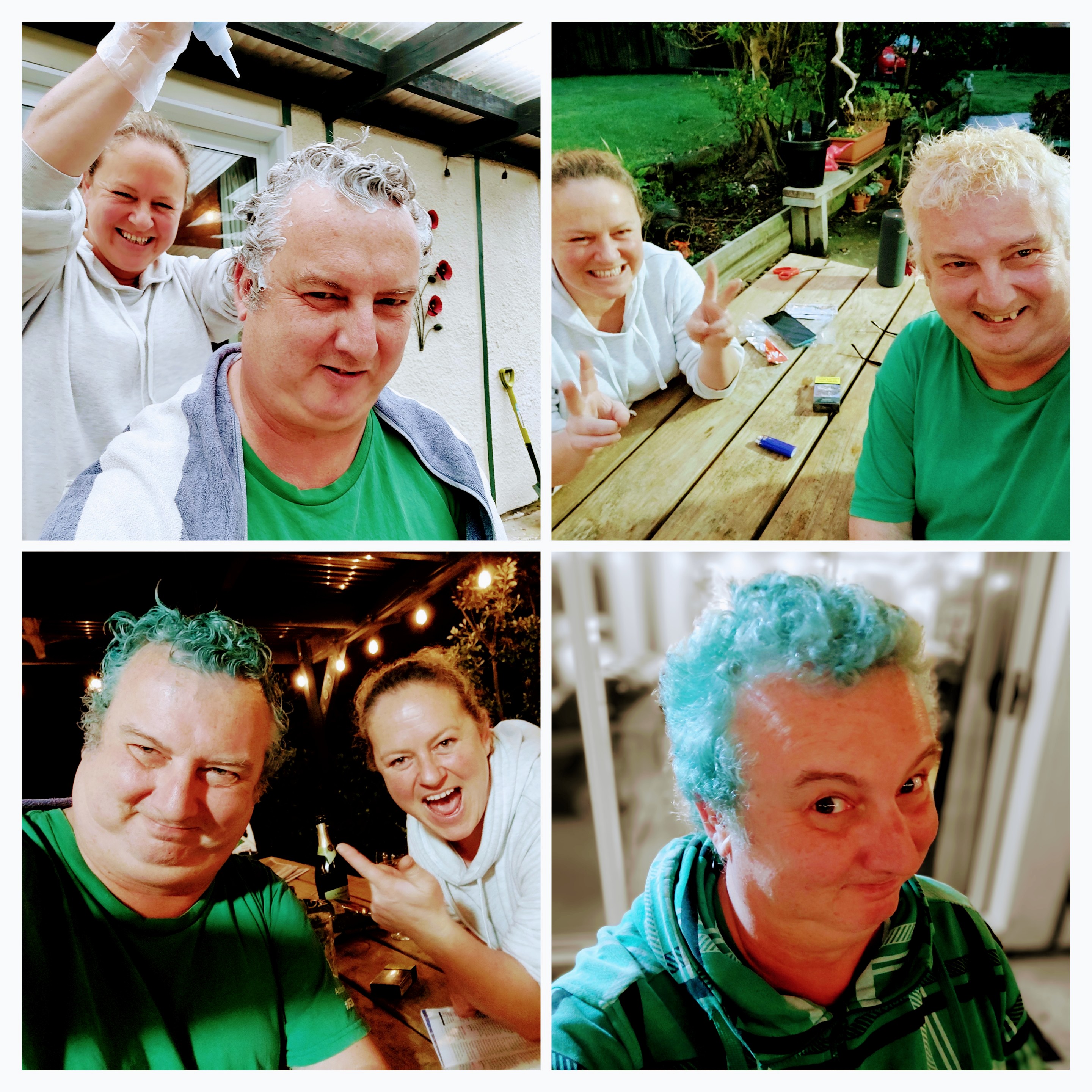 Collage of 4 photos. 1: Mate puts in the hair bleach. 2: Hair is bleached, celebrations. 3: Green dye goes in, smiles all round. 4: Mike's hair is now green!