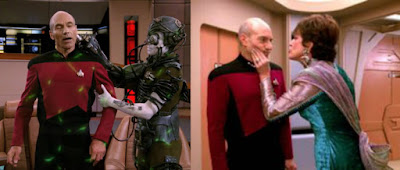 A Borg drone grabbing and abducting Picard on the left.  Lwaxana Troi squeezing Picard's face on the right.