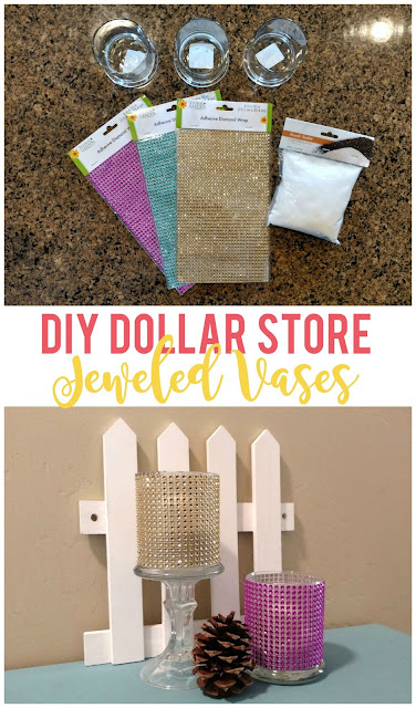 I made these pretty jeweled vases using craft supplies that can all be found at the dollar store!
