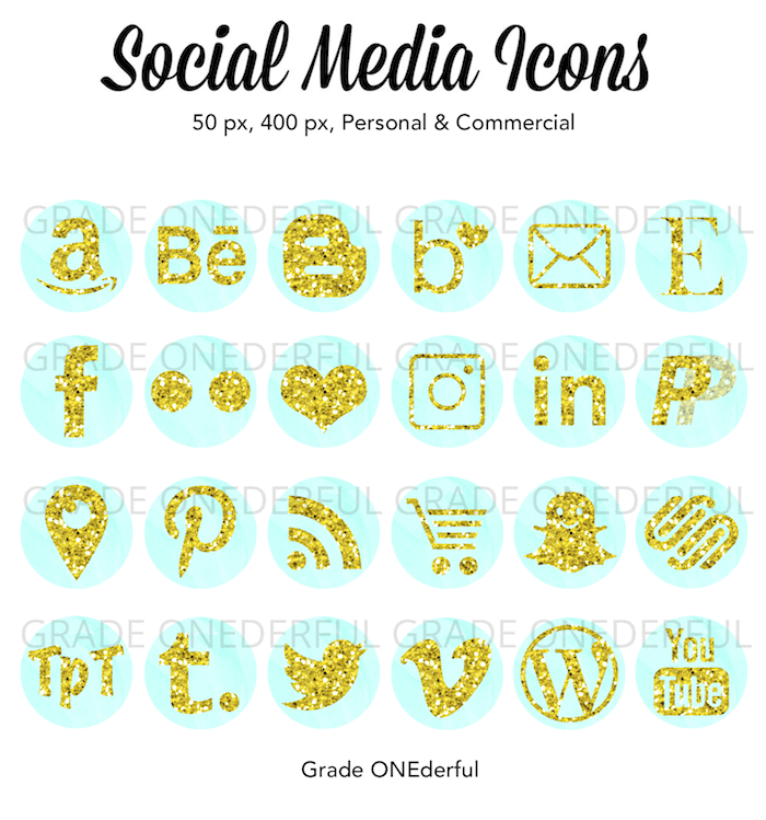Digital Social Media Icons: Gold glitter on aqua watercolor