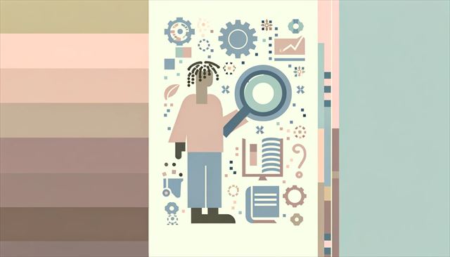 Create a new minimalist, abstract illustration in pastel colors that captures the experience of researching for "sedori" (reselling) opportunities by a casually dressed Japanese man with dreadlocks. Visualize this through abstract symbols representing the search and discovery process, such as magnifying glasses, books, and digital devices, combined with elements suggesting manual and semi-automated work, like a half-gear half-hand icon. Also, incorporate representations of small but promising finds, like treasure chests or gold coins, to symbolize the low-profit items discovered. Ensure this illustration remains unique and doesn't replicate any previously provided imagery, focusing on the themes of diligent search, the blend of technology and manual effort, and the hopeful pursuit of reselling success.