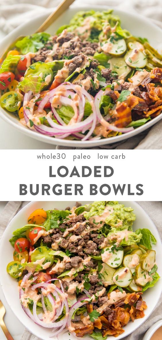 These loaded burger bowls with pickles, bacon, a quick guacamole, and a "special sauce" are so good! Whole30, paleo, and low carb, they're filling and healthy - a great alternative to the lettuce wrap burger! #glutenfree #lowcarb