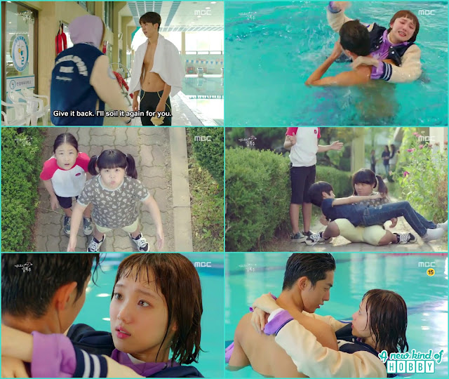  bok joo ask joon hyung to give back the handkerchief to she put in dirt again while snatching she fell in the pool joon hyung hold her and he remember she is chubs who saves her life in the elementary school  - Weightlifting Fairy Kim Bok Joo - Episode 1 (Eng Sub)