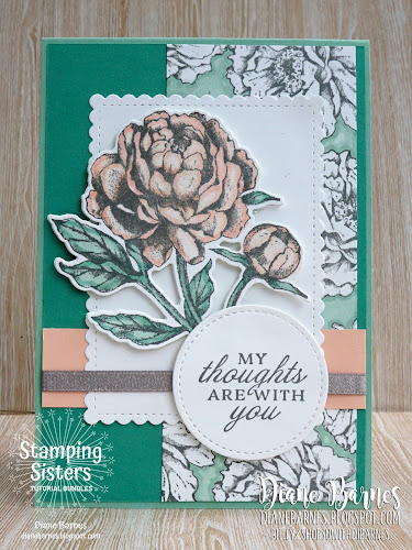 Thinking of you card tutorial using Stampin Up Prized Peony stamp set and die bundle. Made for Stamping Sisters Tutorial Bundles August 2020. By Di Barnes Independent Stampin Up Demonstrator in Sydney Australia. colourmehappy sydneystamper