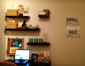 small space desk organization, desk in small space, floating shelves in office