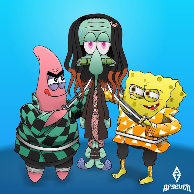 Kimetsu no yaiba x Spongebob Zenitsu x spongebob Nezuko x Squidward Tanjiro x Patrick