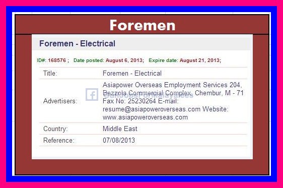 Foremen Vacancies In Middle East