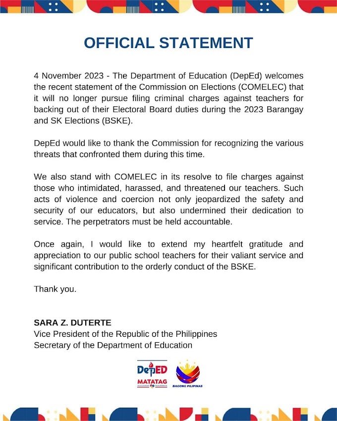 COMELEC will no longer pursue filing criminal charges against teachers for backing out of their Electoral Board duties during the 2023 Barangay and SK Elections (BSKE).