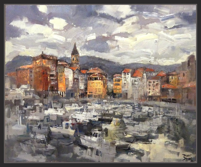 BERMEO-PINTURA-PUERTO-PAISAJES-EUSKADI-PAIS VASCO-ATARDECER-MARINA-PINTURAS-PINTOR-ERNEST DESCALS