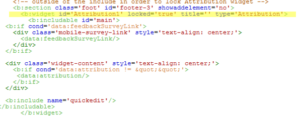 In html editor find attribution 1 locked widget