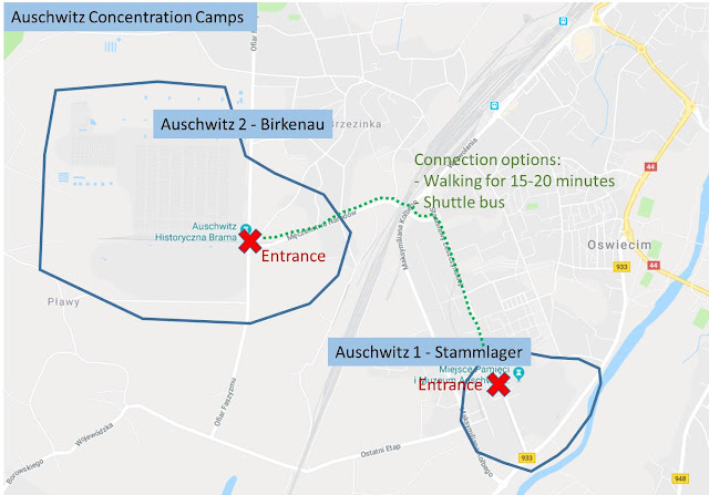 Map of Auschwitz for easy orientation and with connection route between Auschwitz Stammlager and Birkenau.