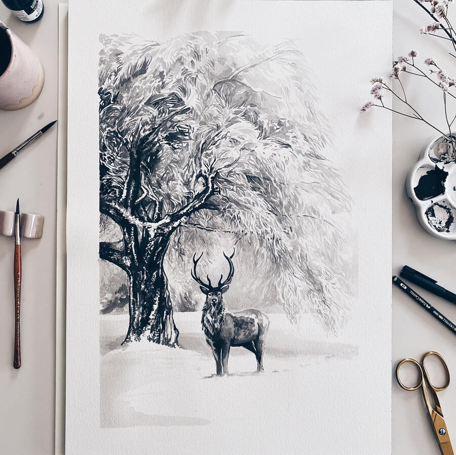05-The-snow-stag-Eclectic-Ink-Art-Amandine-Comte-www-designstack-co