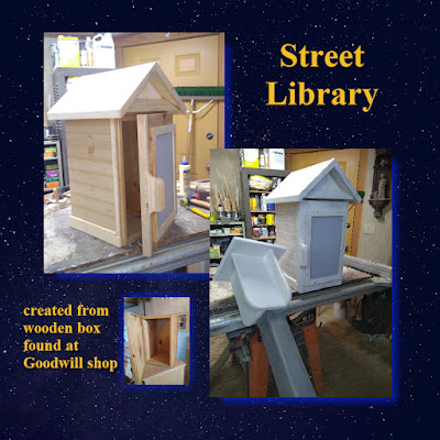 3 images of a wooden street library under construction. The entire images are framed by a blue night sky backdrop.