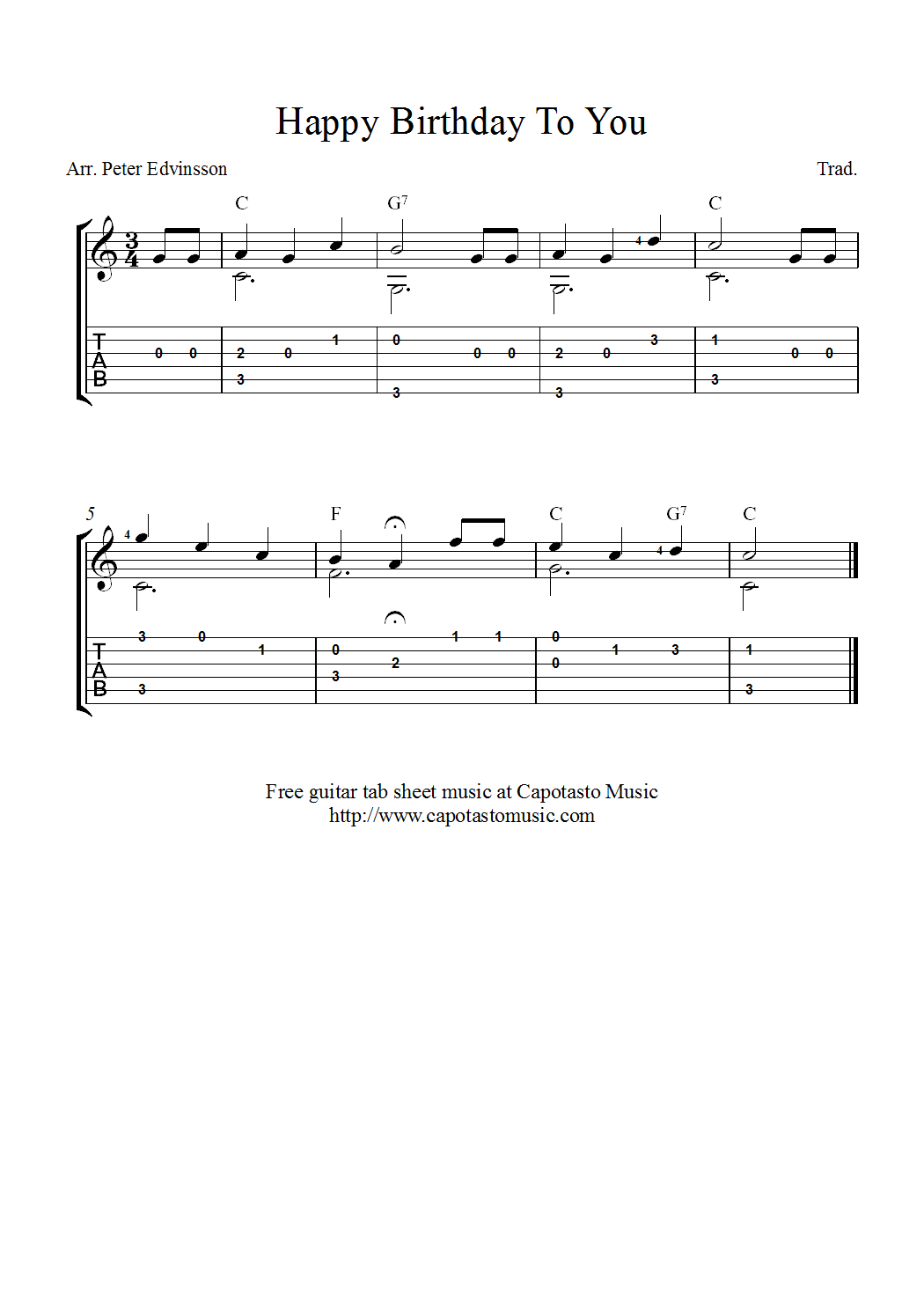 Free guitar tablature sheet music, Happy Birthday To You soloversion