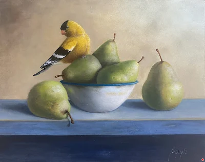 Goldfinch and Pears in Antique Metal Bowl painting Patt Baldino