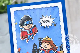 Sunny Studio Stamps: Super Duper Cityscape Border Fancy Frames Super Hero Themed Friendship Card by Juliana Michaels
