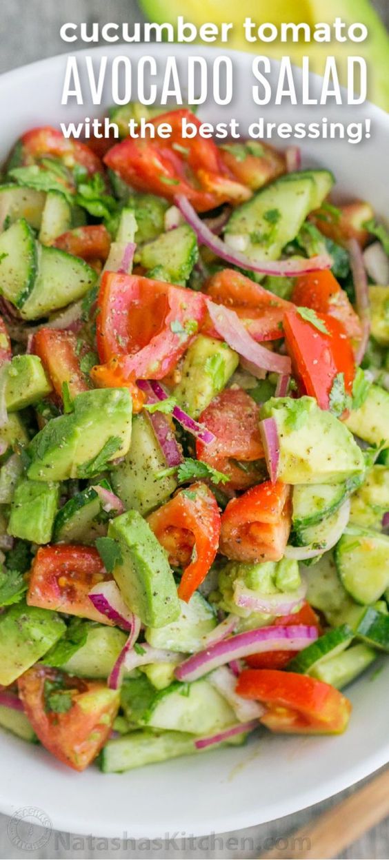 Fresh Cucumber Tomato Avocado Salad recipe with lemon cilantro dressing is so fresh, classy and delicious! This avocado salad is a keeper! Easy, Excellent recipe that always disappears fast! #natashaskitchen #saladrecipe #tomatosalad #avocadosalad #cucumbertomatosalad #cucumbersalad #salad #recipes